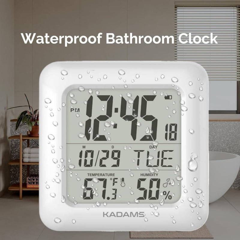 KADAMS Bathroom Clock 9.5" Kitchen Wall Clock with Large LCD Screen â€“ Shower Clock with Suction Cup,Temperature, Humidity, Calendar â€“ Water-Resistant, 4 Mounting Options, White - Image 2